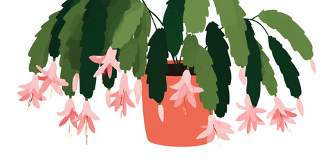 A captivating illustration of a blossoming plant, showcasing delicate flowers and vibrant green leaves, all contained within a terracotta pot.