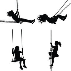 Black silhouettes of children playing and swinging on ropes and playground equipment