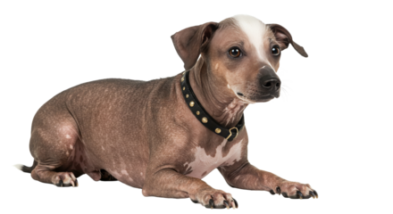 Cute American Hairless Terrier Dog isolated on white Transparent background. Resting Dog Lying Down Isolated on White Background