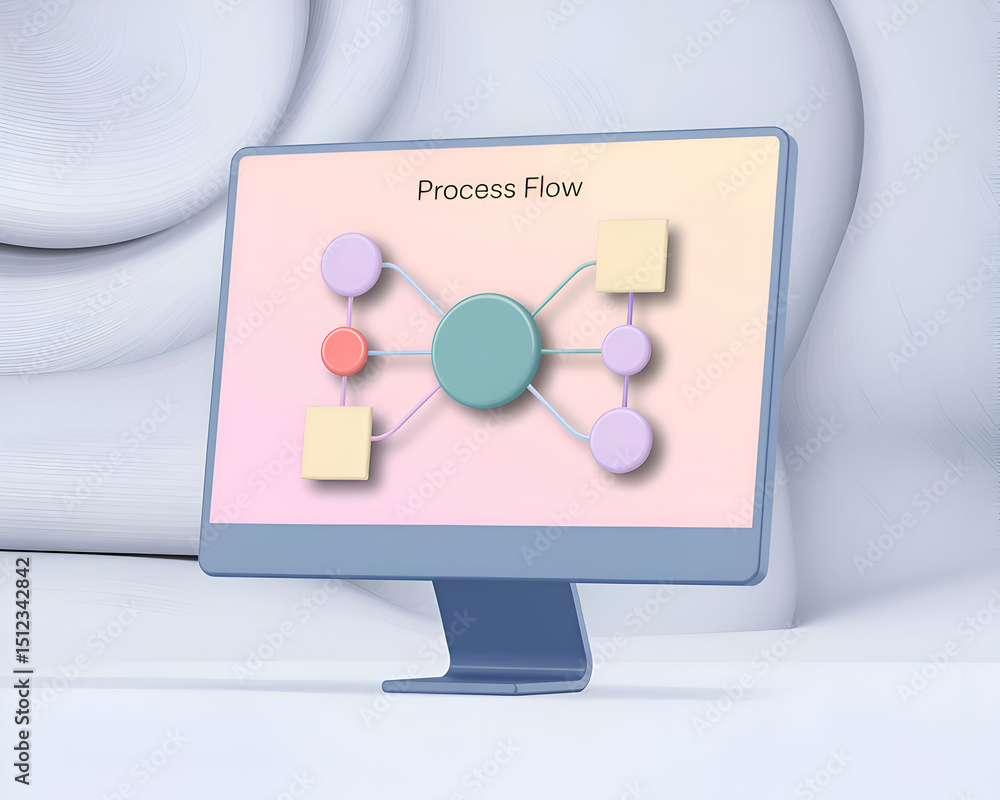 Poster modern computer displaying pastel process flow diagram on screen