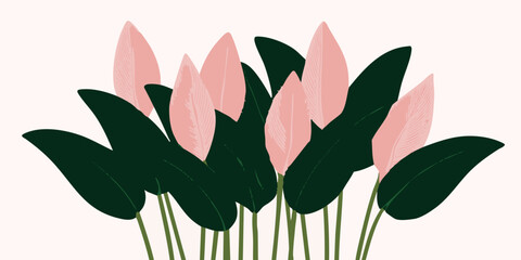 An illustration of elegant pink leaves with green leaf. The simple composition evokes feelings of tranquility.