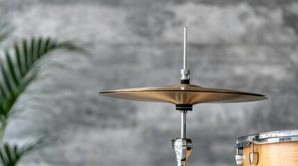 A drum set with a cymbal and a palm tree in the background.