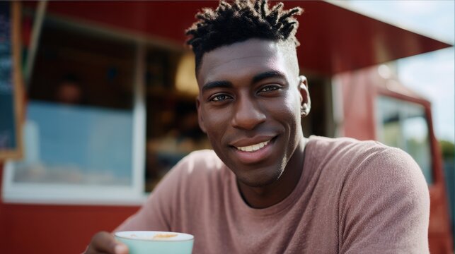Young man enjoying burrito and coffee at food truck on a bright day
