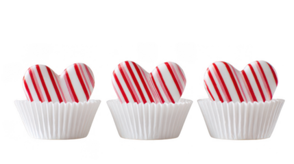 3 candy cane-shaped hearts in three white paper cupcake cases on a pure, clean background, png, transparent
