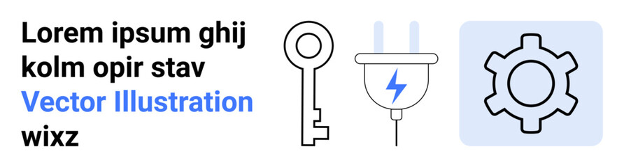 Key, plug with bolt, and gear emphasizing concepts thumbs up access, energy, connection, innovation, and technical processes. Ideal for technology, mechanics utilities themes simple landing page
