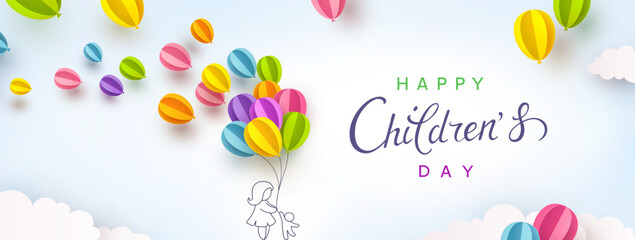 Children's Day with flying colorful 3d paper balloons on blue sky background. Drawing mother and child. Vector doodle cartoon family, ballons poster template