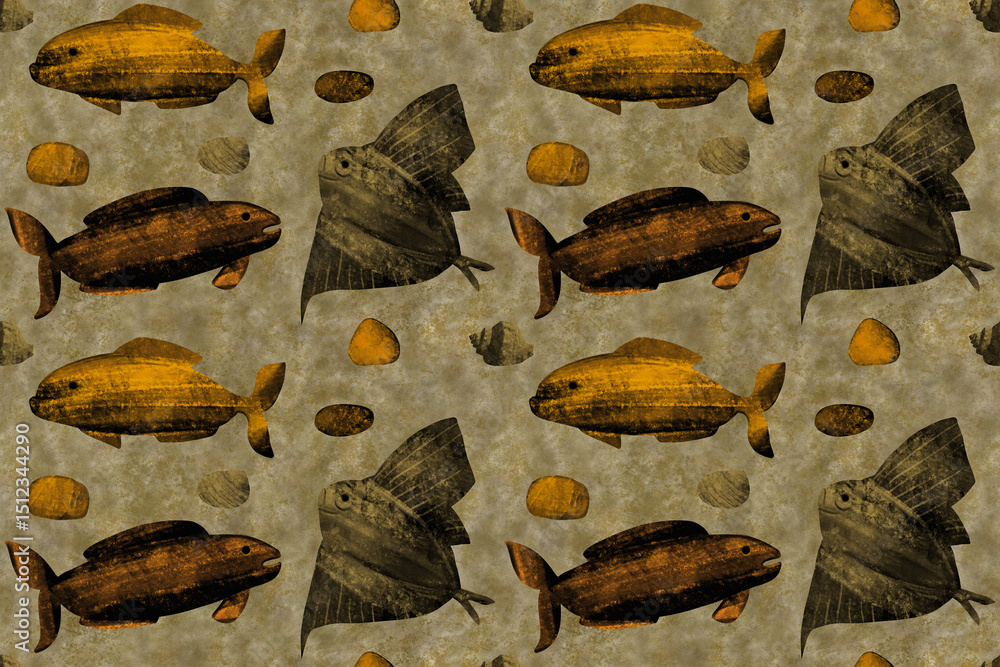Poster unique seamless fish pattern with rough texture.