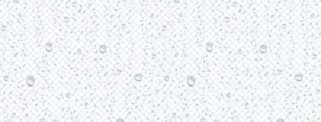 Water rain or shower drops seamless border isolated on transparent background. Realistic pure droplets condensed texture. Vector clear vapor bubbles on window glass surface