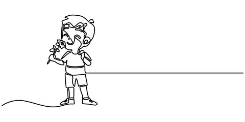 Child smelling flower in continuous line art drawing style. Small girl squatted down to sniff the fragrant flower. Black linear sketch isolated on white background. Vector illustration.               