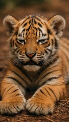 Fototapeta premium Adorable tiger cub resting peacefully.