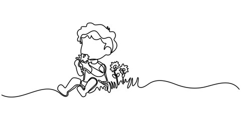 Child smelling flower in continuous line art drawing style. Small girl squatted down to sniff the fragrant flower. Black linear sketch isolated on white background. Vector illustration.               