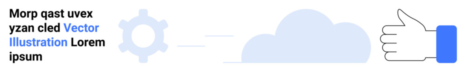 Gear symbol, cloud graphic, and thumbs-up icon connected in a linear layout. Ideal for technology, cloud storage, teamwork, innovation, efficiency, IT services and simple landing page