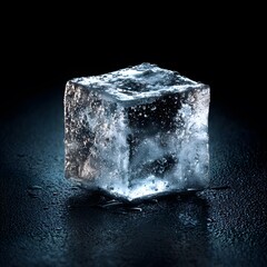 Obraz premium A single ice cube melting on a dark surface with water droplets and a dark background creating contrast