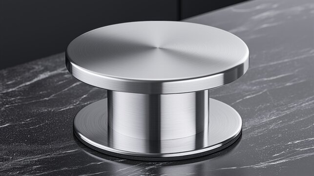 A shiny silver knob on a black marble countertop.