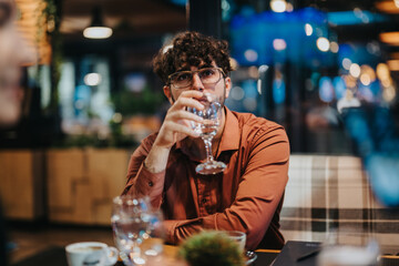 A young man in glasses sits at a restaurant table, sipping from a glass. The cozy ambiance suggests a casual meeting or social gathering in an urban setting.