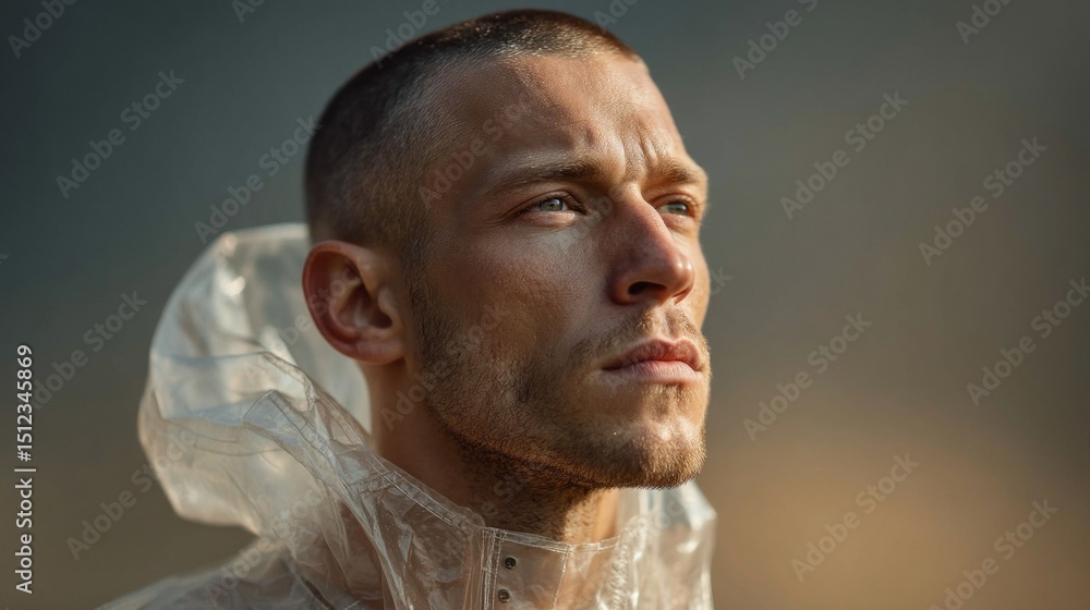Poster a man wearing a transparent raincoat stands with a contemplative expression, as the soft light of go
