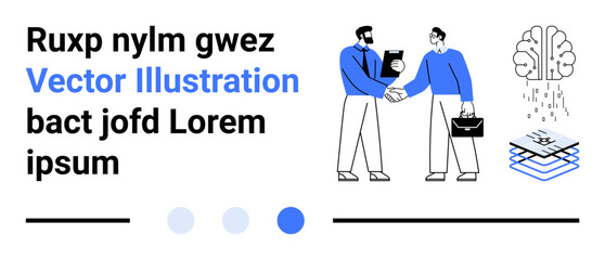 Two men in a business handshake, brain symbolizing ideas and layers depicting structure. Ideal for teamwork, collaboration, innovation, partnerships, business analytics, negotiation, simple landing
