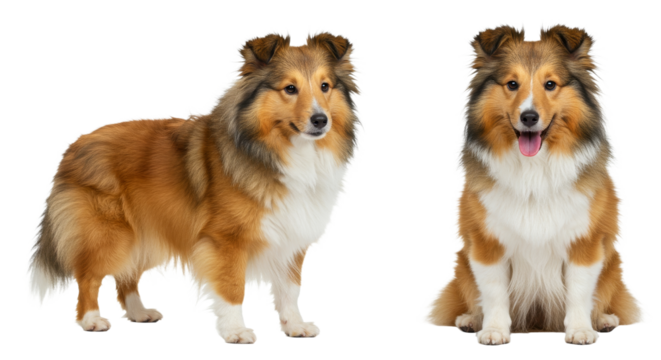 Cute Shetland Sheepdog Dog isolated on white Transparent background. Standing and Sitting Dog Posing on White Background