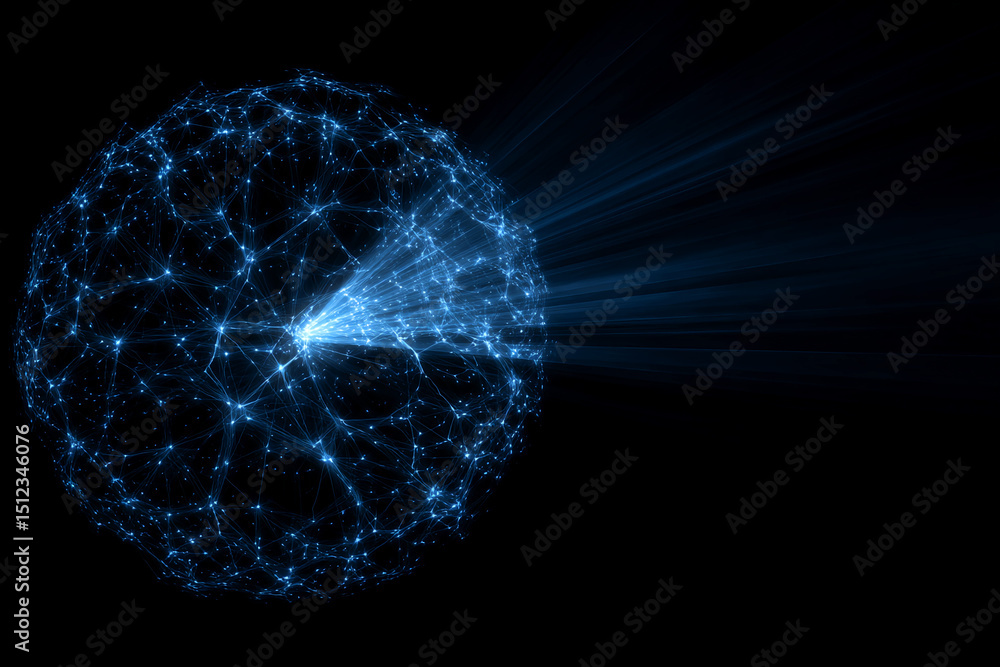 Aufkleber glowing blue sphere with interconnected nodes, emitting light rays, representing network, connection