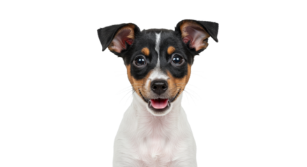 Cute Toy Fox Terrier Dog isolated on white Transparent background. Smiling Dog Portrait on White Background Pet Photography