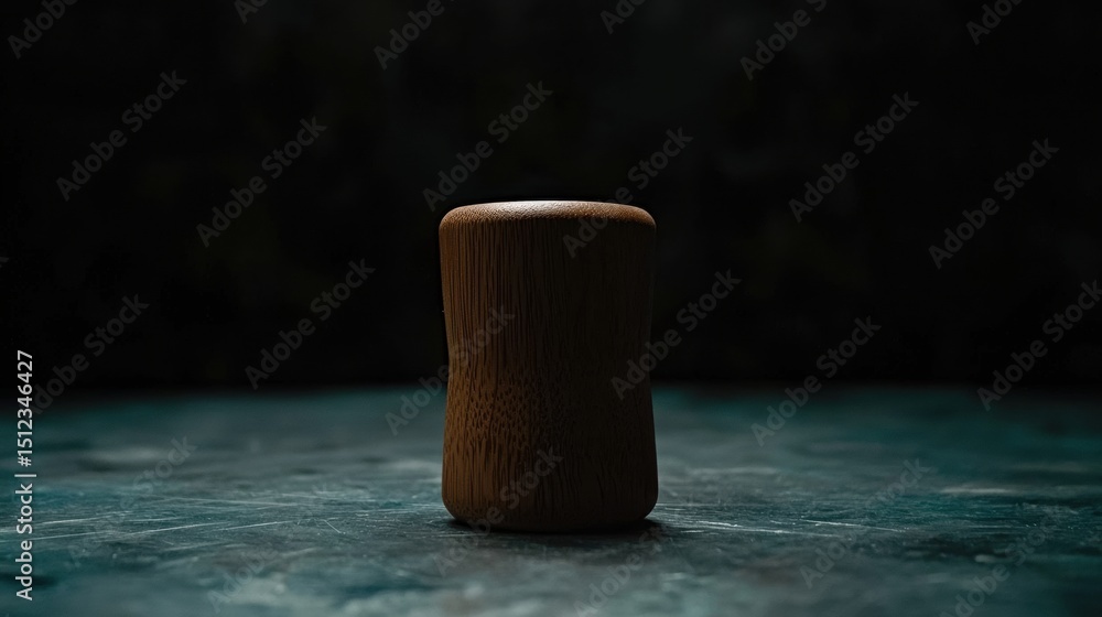 Poster a wooden object with a textured surface and a rounded top sits on a dark green surface.