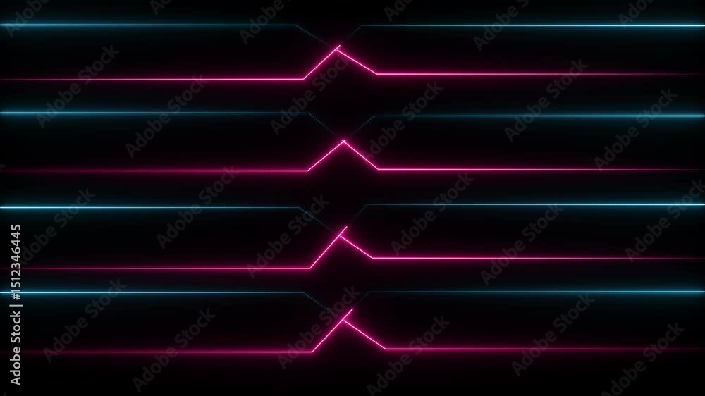 Poster neon light saber lines on black background, abstract neon colored animation of computer generated li