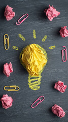 Yellow crumpled paper forming light bulb, pink crumpled paper balls and paper clips on dark grey background, symbolizing idea generation and brainstorming process