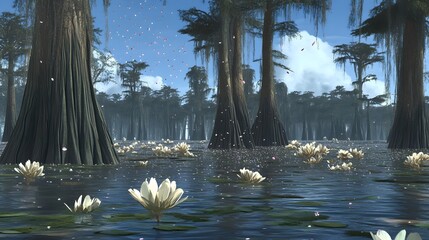 Enchanted Cypress Swamp with Water Lilies and Falling Petals
