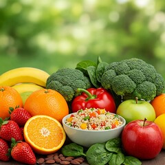 
A vibrant assortment of fresh fruits, vegetables, and a bowl of quinoa, set against a lush green background, symbolizing healthy eating and a balanced diet