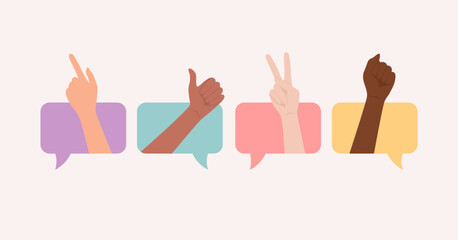 Hands of different skin tones showing various gestures in colored speech bubbles. Flat vector illustration