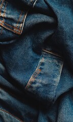 Naklejka premium Textured Denim Fabric Close-Up Deep Blue Jeans Background