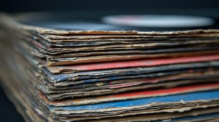 A stack of old vinyl records.