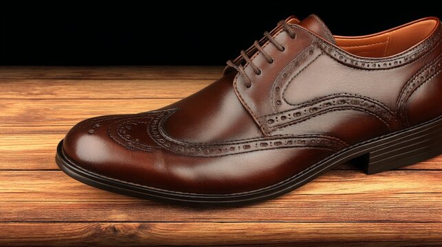 Classic brown leather dress shoe with brogue detailing on a wooden surface