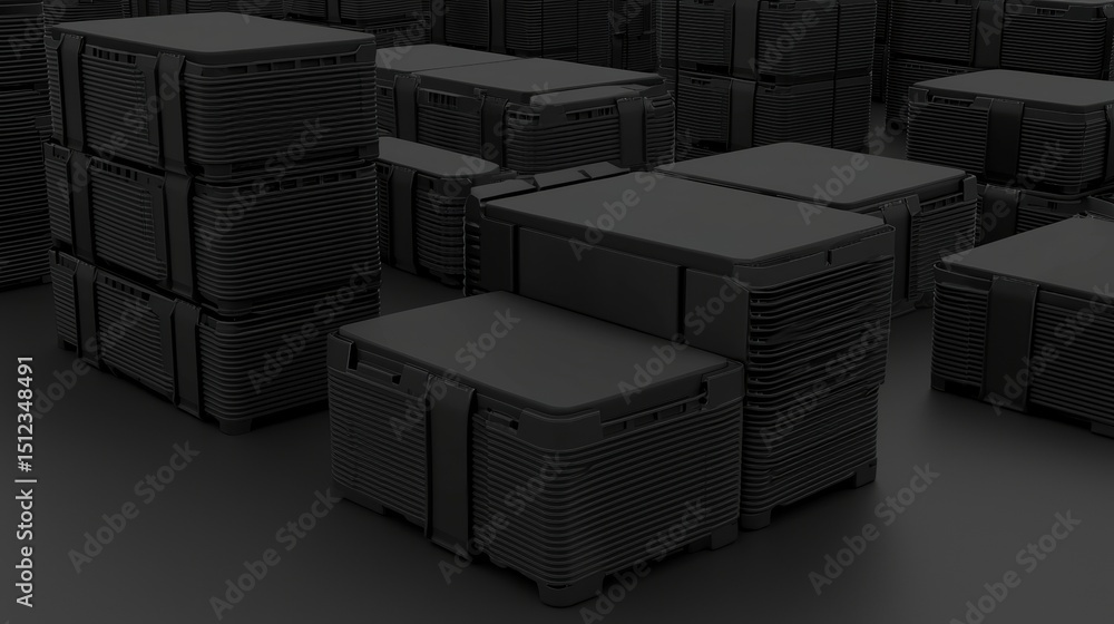 Poster a 3d rendering of a stack of black plastic crates.