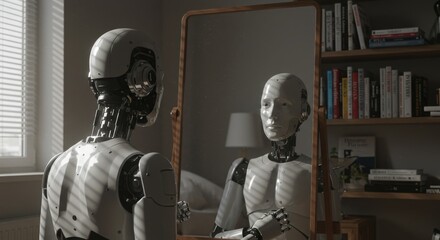 Android examines its face in the home mirror.