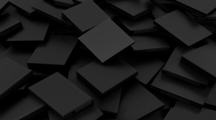 A collection of black, square-shaped objects arranged in a seemingly random pattern.