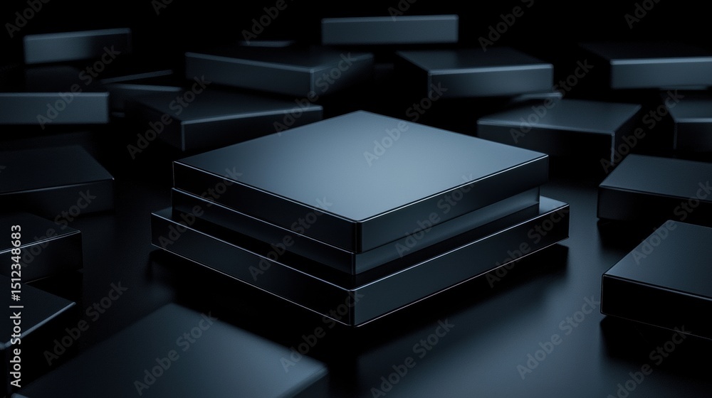 Poster a 3d rendering of a stack of black boxes with a glossy finish.