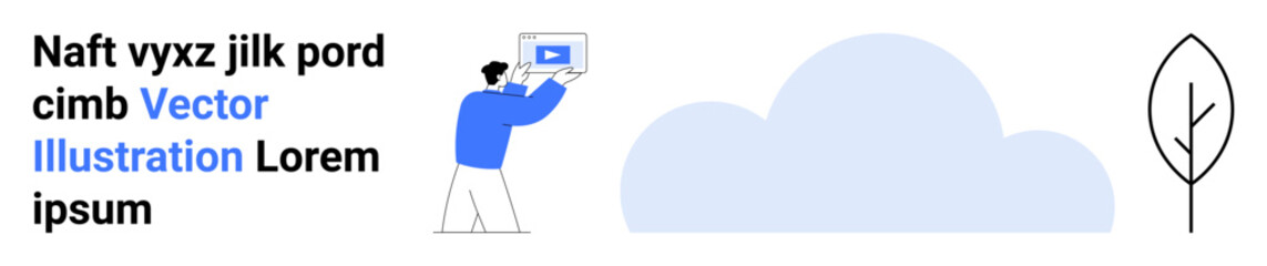 Person holding a tablet displaying a video icon, accompanied by a stylized cloud and minimalistic tree. Ideal for technology, content creation, online education, cloud services, environment, video