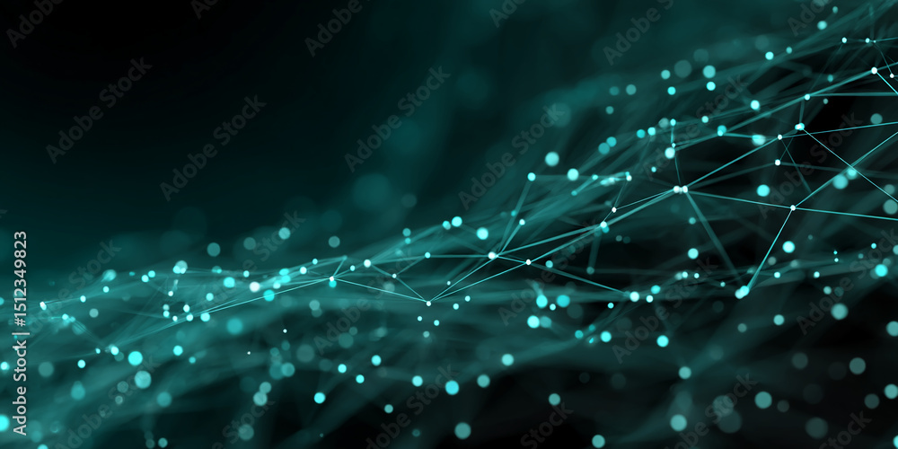 Poster Abstract teal network background with glowing nodes and connecting lines, suggesting digital connection, technology, or global communication