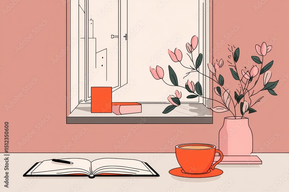 Aufkleber cozy cafe space with open window, blooming plant, and inviting notebook on a minimalistic table