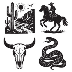  Linocut western boho set vector, Texas desert engraving print collection, vector canyon wildlife, cactus. 
Texture grunge Arizona rodeo graphics, bull, horse, snake, skull silhouette