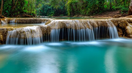Serene Tropical Waterfall Cascading into Turquoise Pool