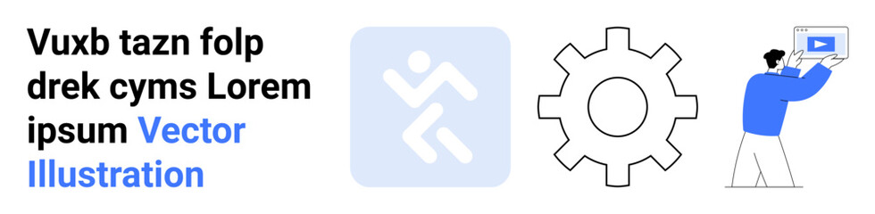 Abstract figure running in square, gear icon, and person presenting on a screen. Ideal for teamwork, mechanics, technology, productivity, presentation, growth concepts simple landing page
