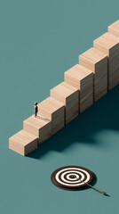 Miniature figure ascending wooden steps toward a target, symbolizing progress, achievement, and goal attainment.  Success concept