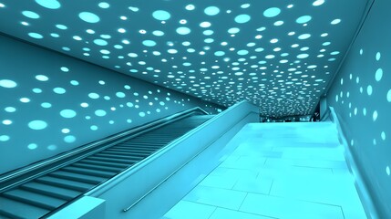 Obraz premium Modern Escalator in Futuristic Hallway with Dotted Lights