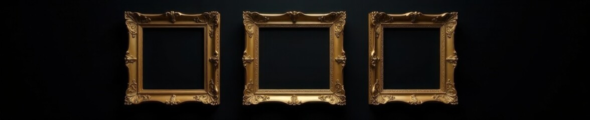 Three ornate gold picture frames against black, isolated, decoration