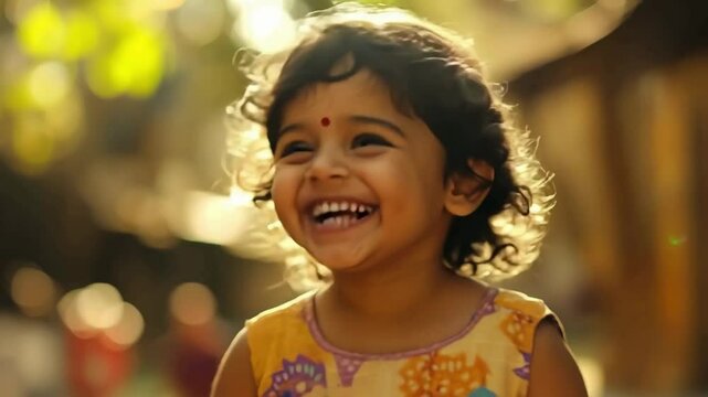 A young Indian girl laughing heartily, with sparkling eyes and a radiant, toothy grin. Their dark curly hair is slightly messy, and they wear a colorful kurta/dress