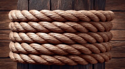 Fototapeta premium Thick beige rope coils arranged on a wooden surface for industrial or nautical use