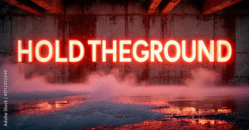 Poster Concrete tunnel features bright red neon sign above wet surface. Smoke obscures lower portion, creating dramatic effect.