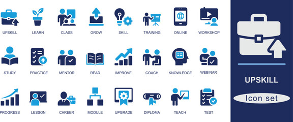 Flat solid black upskill icon set featuring training, learning, course, certificate, growth, career, mentor, and online class. Ideal for UI, apps, and education.